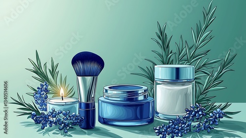 Cosmetic products, brush, cream jars, rosemary, candles; skincare display