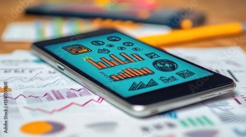 Smartphone with finance and market icons and symbols concept