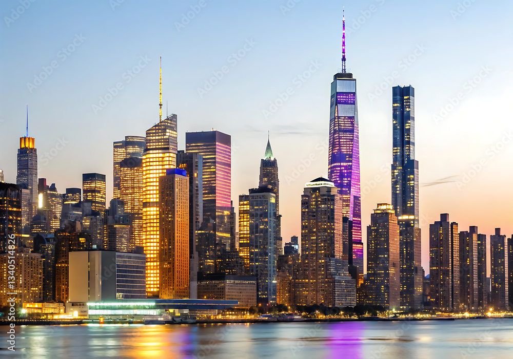 Obraz premium A breathtaking panoramic view of Manhattan’s illuminated skyline at dusk, showcasing towering skyscrapers bathed in golden, blue, and purple hues. The reflective waterfront shimmers with the city's