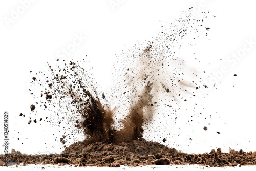 Intense soil eruption with flying dirt and debris creating a dynamic explosive effect isolated on transparent background