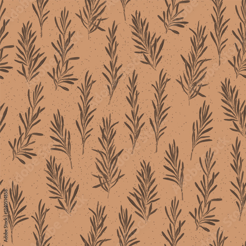 Rosemary sprigs on kraft background seamless pattern hand drawn vector illustration