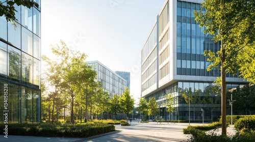 Modern office buildings with green spaces, sunny day, urban scene, for business, architecture, and design
