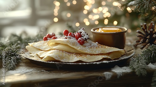 Festive Christmas Pancakes, Holiday Breakfast, Cozy Scene, Ideal for Cookbook or Restaurant