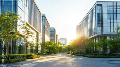 Modern office buildings, sunlit urban street, landscaping, business background, tranquil urban space