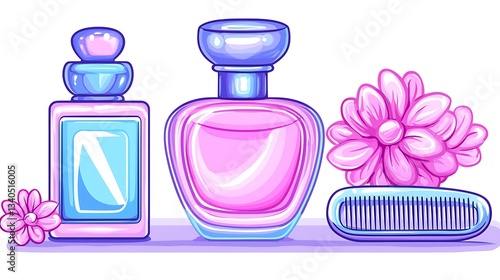 Pink and blue perfume bottles with flowers and comb, decorative illustration, for beauty products