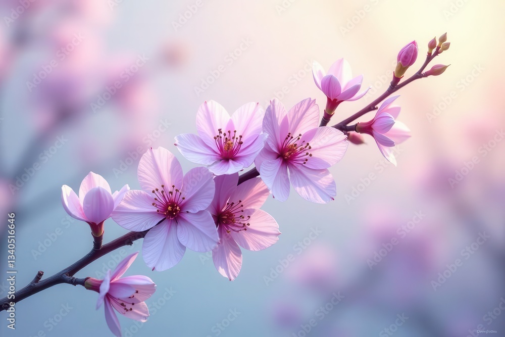 Fototapeta premium Delicate Pink Blossoms on a Branch, Illuminated by Soft Sunlight, Representing Springtime Renewal and Natural Beauty