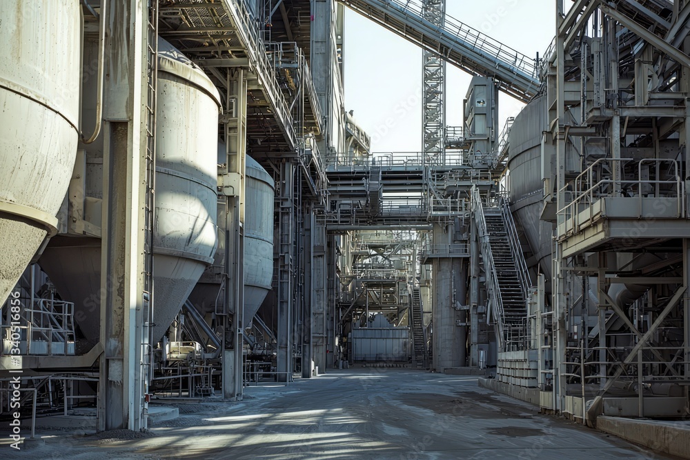 Fototapeta premium Massive hoppers pour cement into mixers. The plant hums with steady activity.