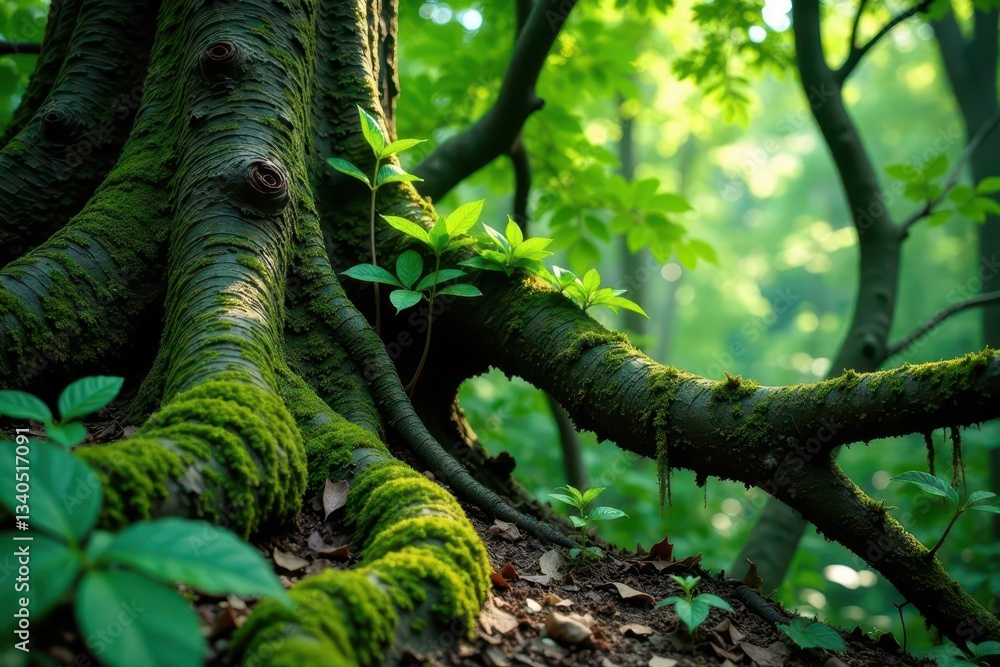 Fototapeta premium Lush Green Moss Draped Over Ancient Tree Roots in a Verdant Forest