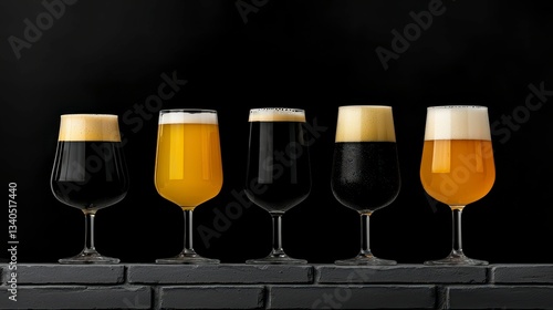 Collection of Various Styles and Colors of Craft Brews in Tulip Glasses with Creamy Heads Display