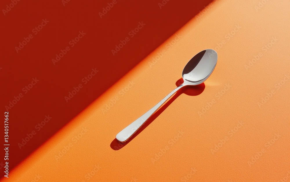Single Silver Spoon on Vibrant Orange Background with Harsh Shadow Single Silver Spoon on Vibrant Orange Background with Harsh Shadow