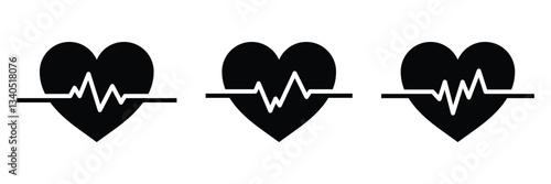 Minimalist heartbeat icons. Heartbeat vector illustration set. Flat style cardiogram, heart, and pulse icons