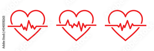 Heart beat icon set. Heart shape with pulse line. Heart with a pulse line icon. Heartbeat line icons symbolizing heart rhythm, sports activity, and a healthy lifestyle.
