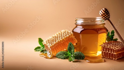 jar of honey with mint and honeycomb on bright background with space for text
