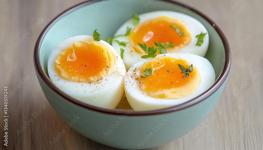 Boiled chicken egg for breakfast without eggshell in the bowl Boiled chicken egg for breakfast without eggshell in the bowl