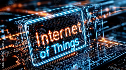 Futuristic circuit board with glowing neon text displaying "Internet of Things." Bright blue and orange lights highlight digital connections and advanced technology.