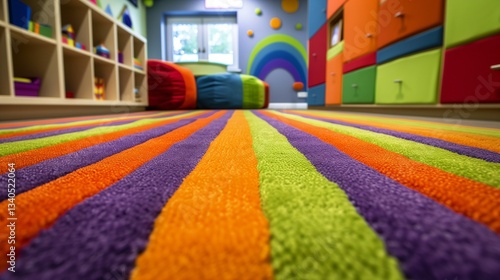 A bold and playful carpet with alternating bright stripes of orange, green, and purple, covering the floor in a child's playroom.