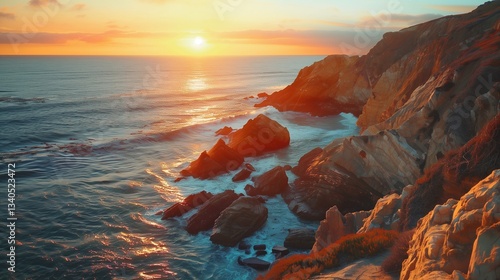 A coastal cliff overlooking the ocean, with rugged rocks and the setting sun casting an orange glow