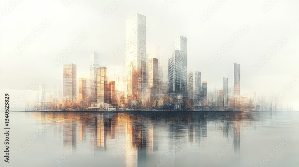 Fototapeta premium Abstract cityscape with reflections on a calm body of water