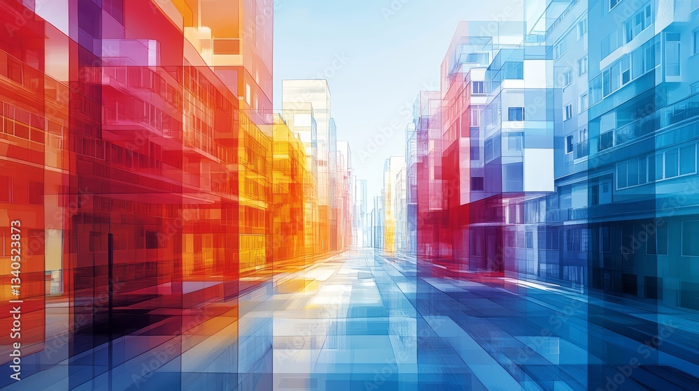 Abstract colorful architectural rendering shows a perspective down a city street