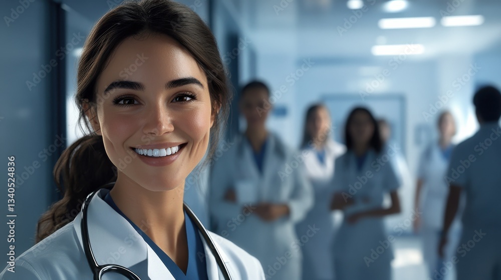 Young female doctor smiling while standing in a hospital corridor with a diverse group of staff in the background Young female doctor smiling while standing in a hospital corridor with a diverse group of staff in the background