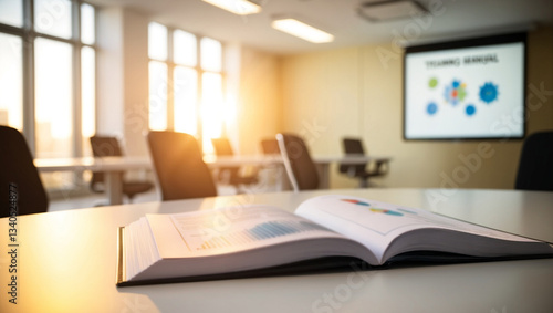 Wallpaper Mural  a training manual handbook lying open on a sleek modern desk. The softly blurred background showcases an office training room with rows of chairs. Torontodigital.ca