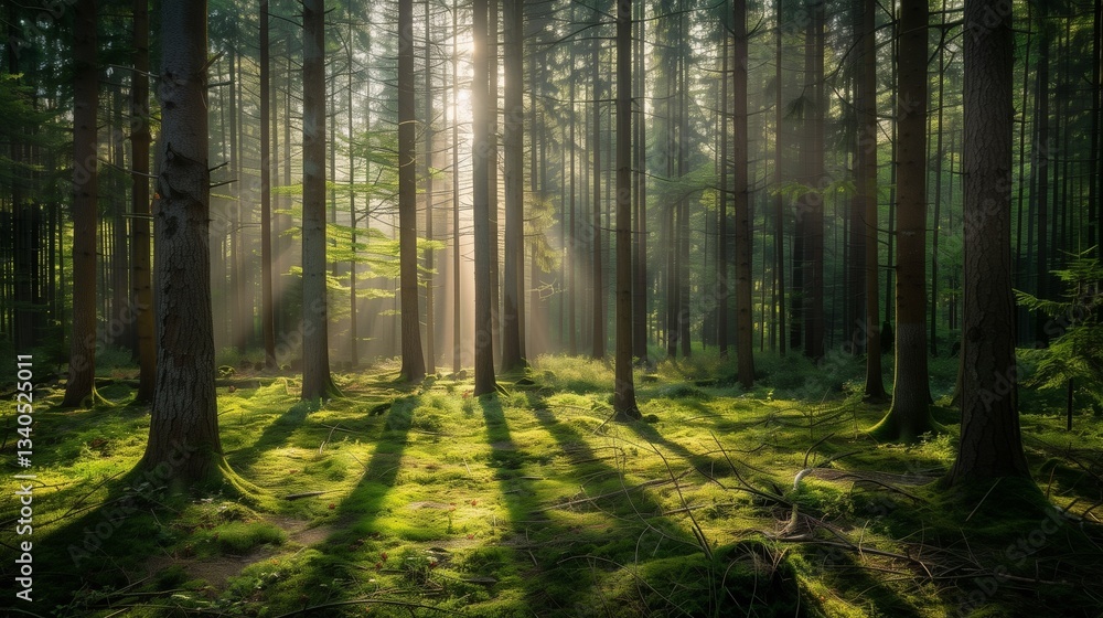 Obraz premium A dense forest with sunlight filtering through tall trees, casting soft shadows on the forest floor
