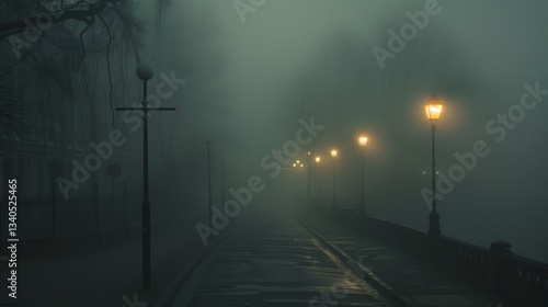 A foggy street in the early morning, with lamplights glowing faintly through the mist