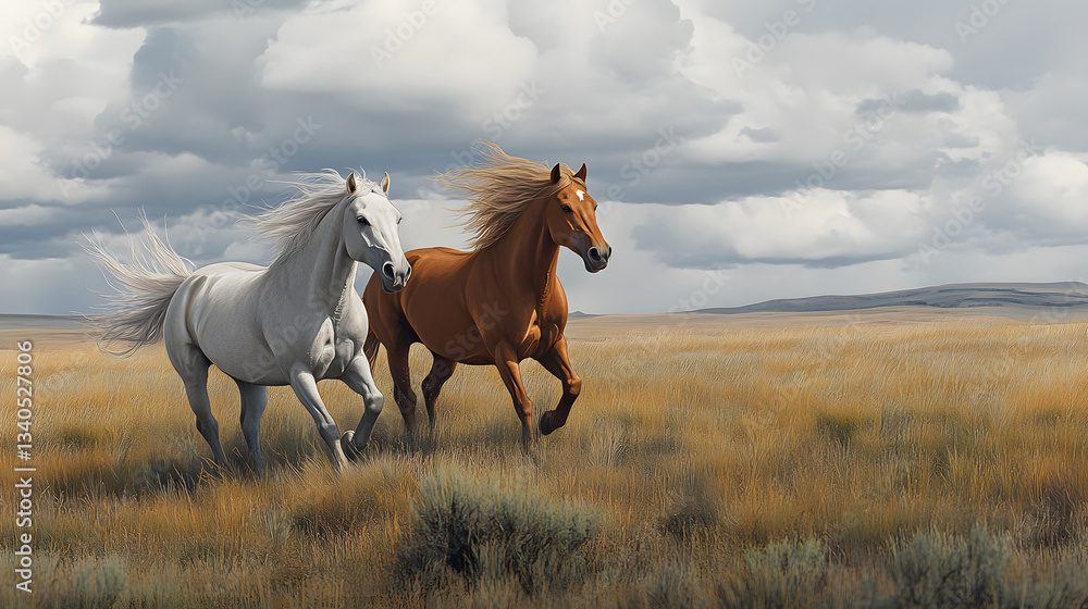 White and brown horses running in a wide field. Animal background for display. White and brown horses running in a wide field. Animal background for display.