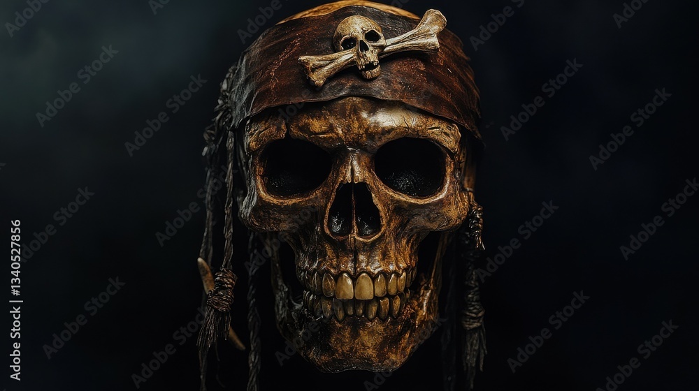 Unique portrayal of a pirate skull against a black backdrop. Unique portrayal of a pirate skull against a black backdrop.