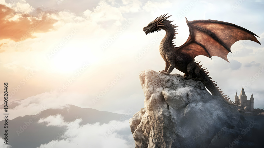 Obraz premium Majestic Dragon Perched on Rocky Cliff with Mountains in Background
