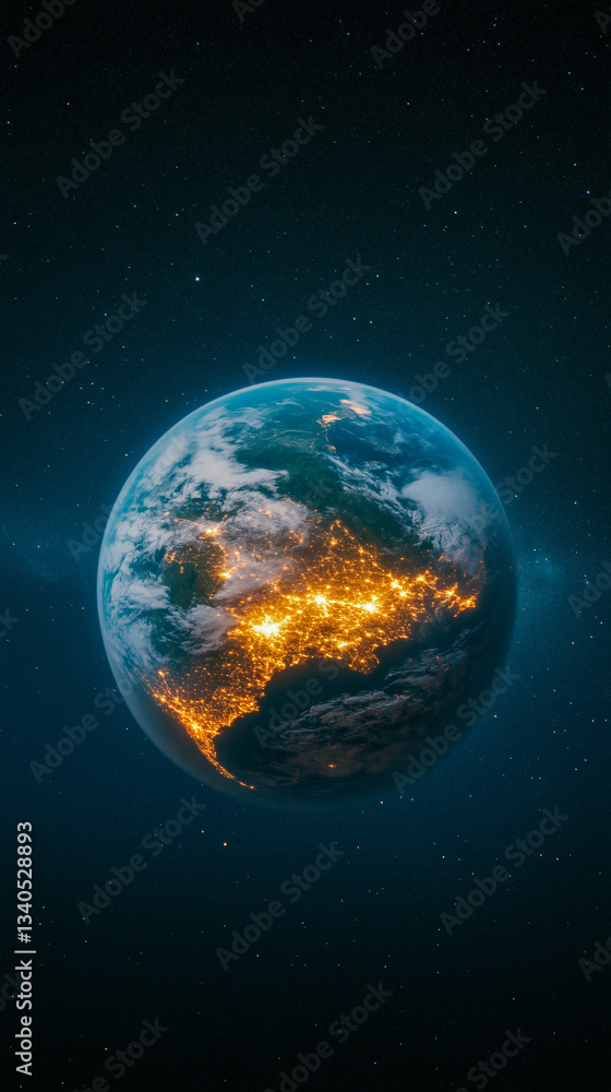 Obraz premium A stunning view of Earth from space, showcasing vibrant city lights illuminating the continents against a dark starry background. The image captures the planet's beauty and vastness.