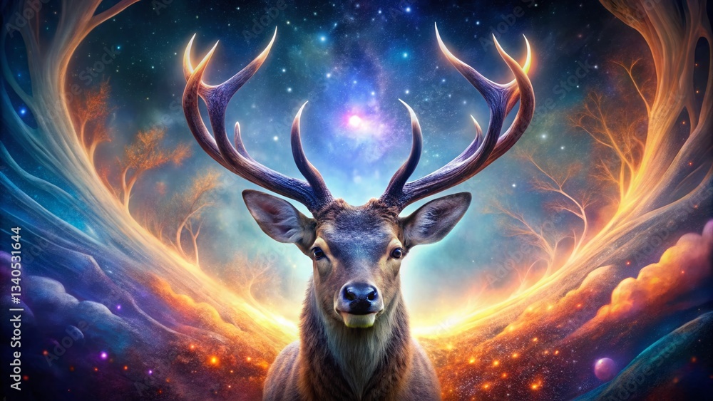 Mystical Glowing Antler Deer in Cosmic Nebula Landscape Mystical Glowing Antler Deer in Cosmic Nebula Landscape