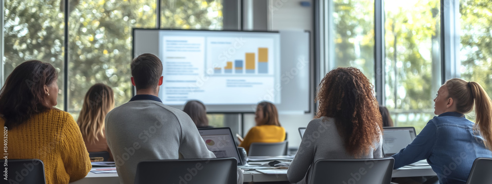 © BrightSpace - diverse group of professionals office setting attentively listens to presentation, with focus screen displaying bar graph. room is bright and modern, with large windows allowing natural light © BrightSpace - diverse group of professionals office setting attentively listens to presentation, with focus screen displaying bar graph. room is bright and modern, with large windows allowing natural light