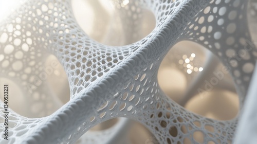 Abstract white 3D structure with intricate latticework and circular holes, creating a complex organic form.