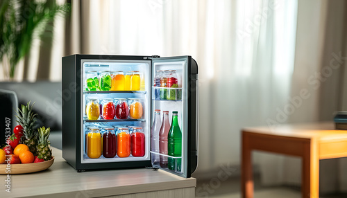 Mini refrigerator with different drinks and snacks indoors