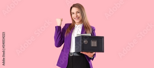 Happy woman with safe box a...
