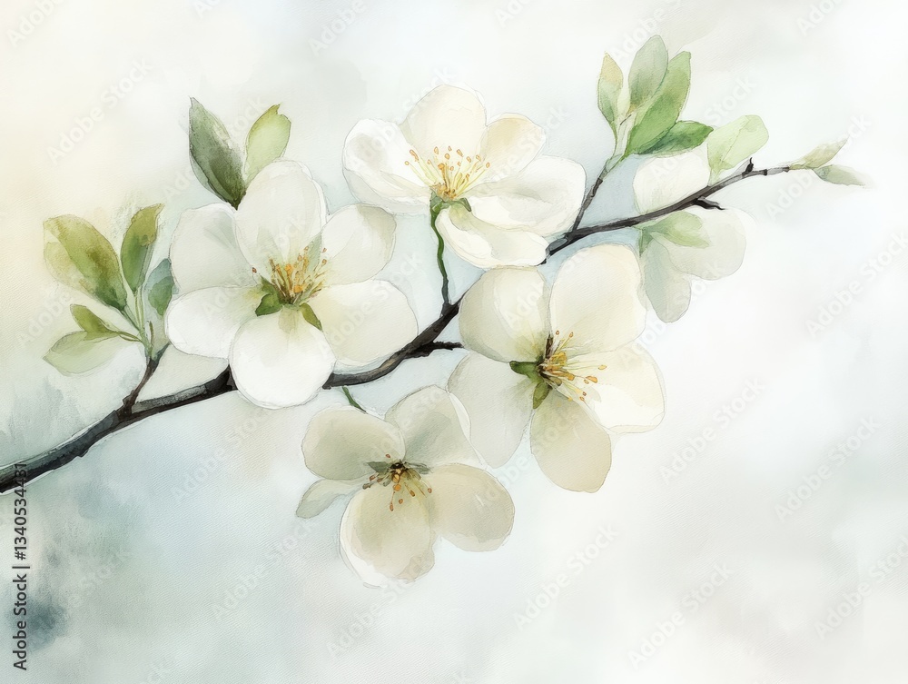 Obraz premium Soft watercolor illustration showcases blooming pear blossoms with white and pastel flowers, symbolizing the arrival of spring. Ideal for nature-inspired decor and designs