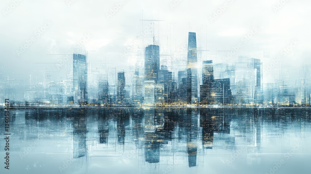 Blue tinted cityscape reflected in water with ethereal atmosphere Blue tinted cityscape reflected in water with ethereal atmosphere