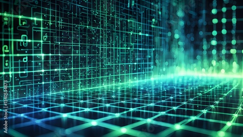 An abstract image depicting a futuristic digital grid glowing green blue lines, creating a modern technological background.