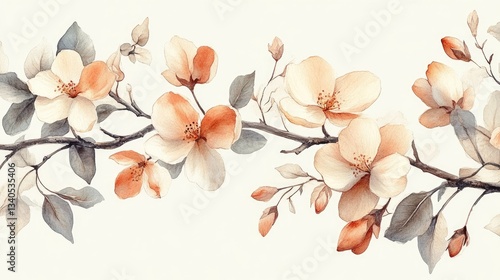 This watercolor artwork showcases blooming pear blossoms with white and pastel tones, surrounded by green leaves. Perfect for spring-themed decor and stationery