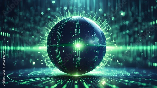 Abstract image a glowing sphere digital patterns a dark teal background light streaks.