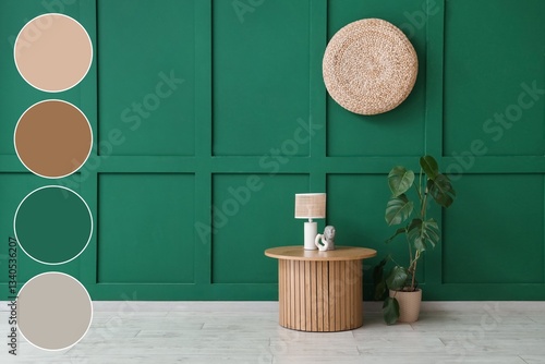 Wooden table with lamp, hou...