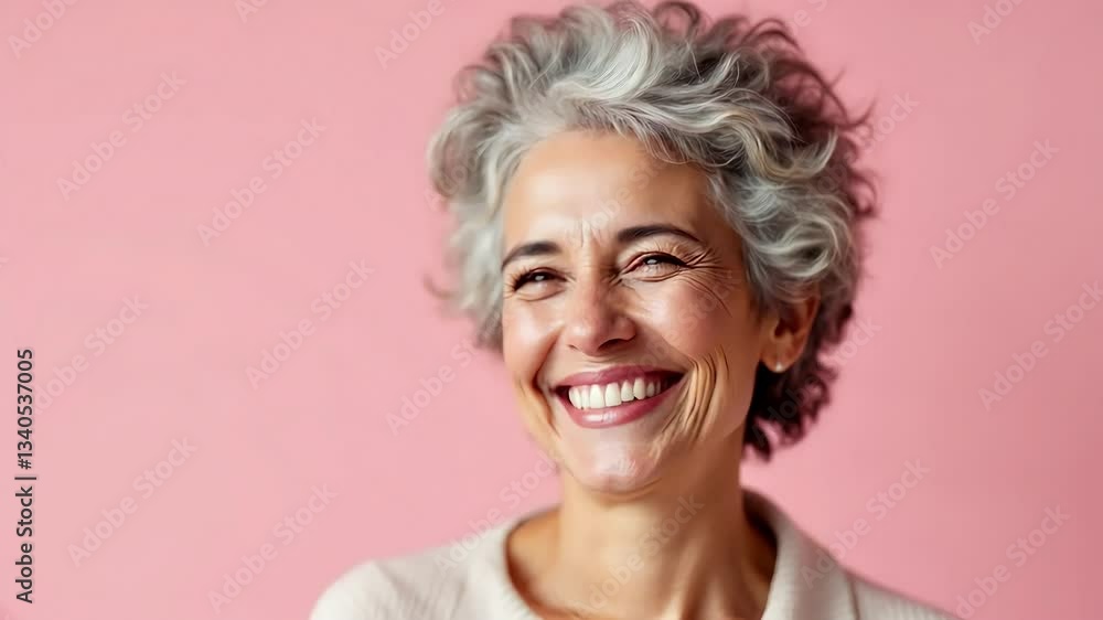 Portrait of a Smiling Woman with Gray Curly Hair Against Pink Background Portrait of a Smiling Woman with Gray Curly Hair Against Pink Background
