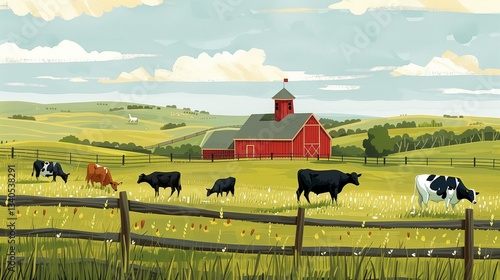 A peaceful farm with grazing animals and a bright red barn in the background