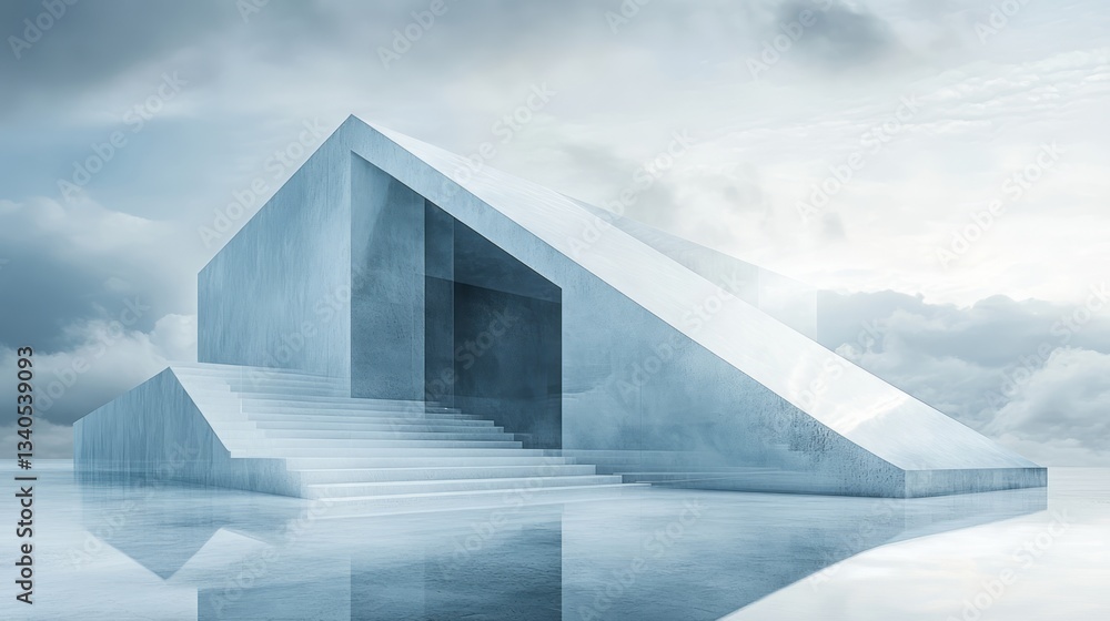 Minimalist architectural structure with stairs and reflective surface Minimalist architectural structure with stairs and reflective surface