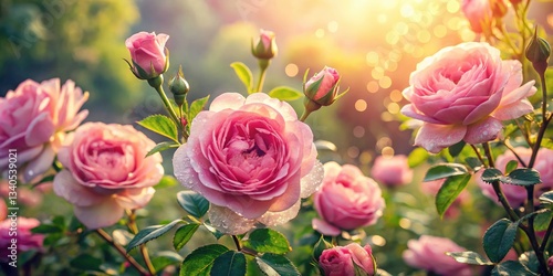 Pastel Pink Rose Garden, Blooming Roses, Dewy Flowers, Vintage Photography, Sunrise, Outdoor Blossom