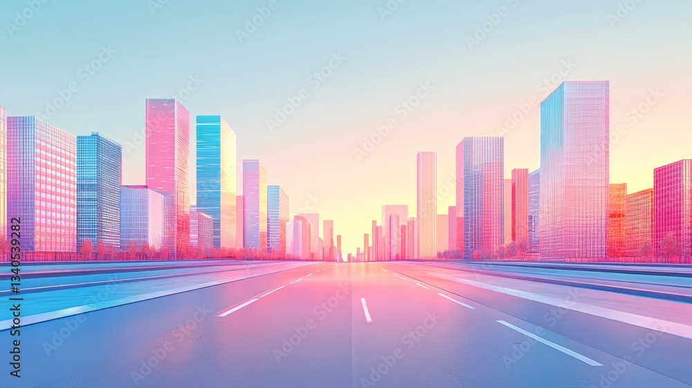 Fototapeta premium Vibrant cityscape with colorful buildings and a prominent road