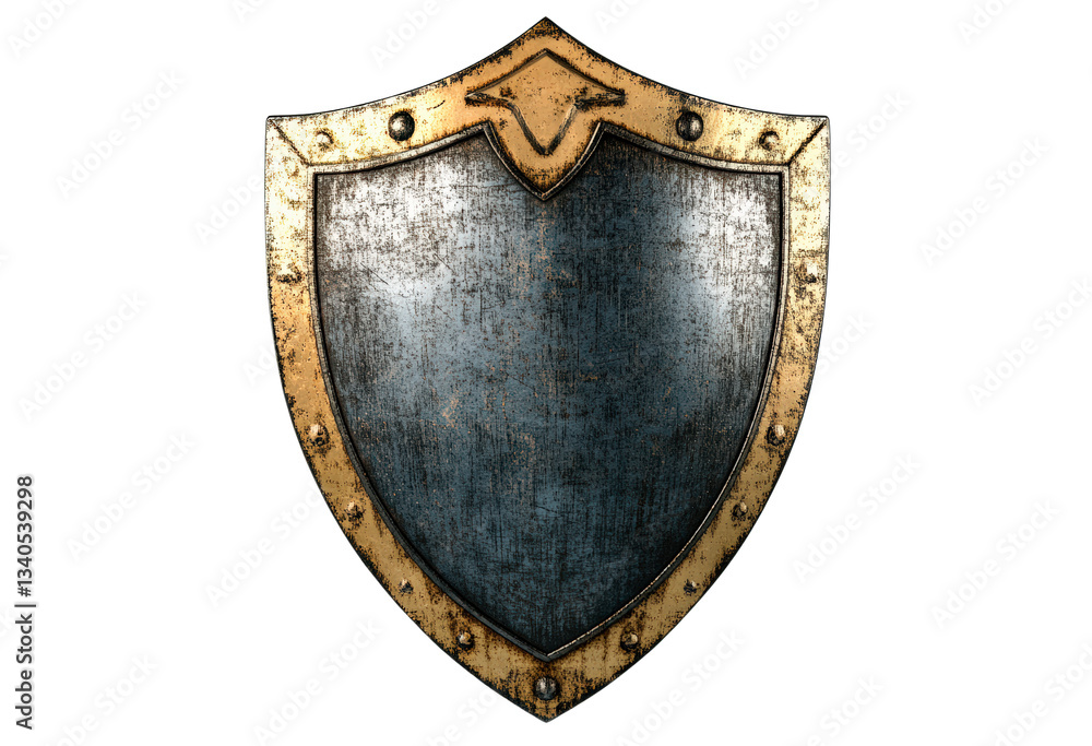 Medieval shield featuring metallic surface and gold trim isolated on transparent background Medieval shield featuring metallic surface and gold trim isolated on transparent background