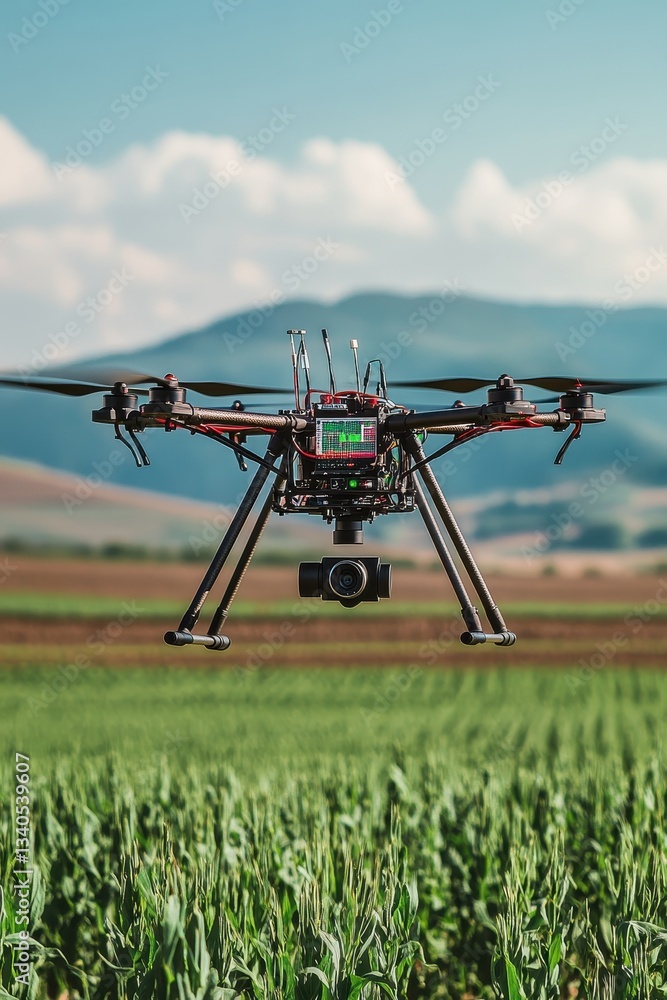 High-tech farming drone soaring over lush fields, enhancing agriculture with precision and innovation. High-tech farming drone soaring over lush fields, enhancing agriculture with precision and innovation.