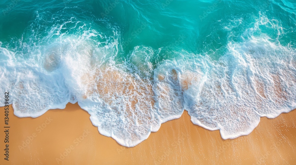 Turquoise ocean waves crashing on a sandy beach, aerial view. Nature beauty concept Turquoise ocean waves crashing on a sandy beach, aerial view. Nature beauty concept